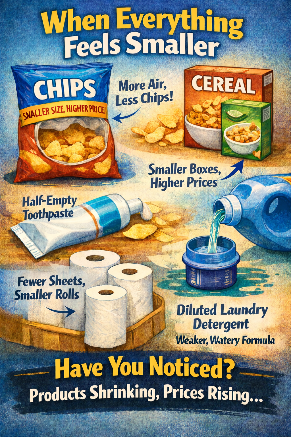 Infographic showing shrinkflation examples including smaller chip bags, cereal boxes, toothpaste tubes, paper towels, and diluted laundry detergent while prices increase.