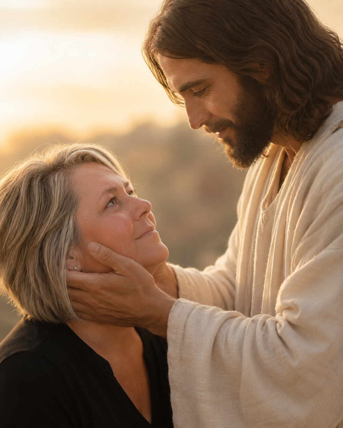 Jesus gently lifting a woman's face, symbolizing God's love, healing, hope, and encouragement during difficult seasons.